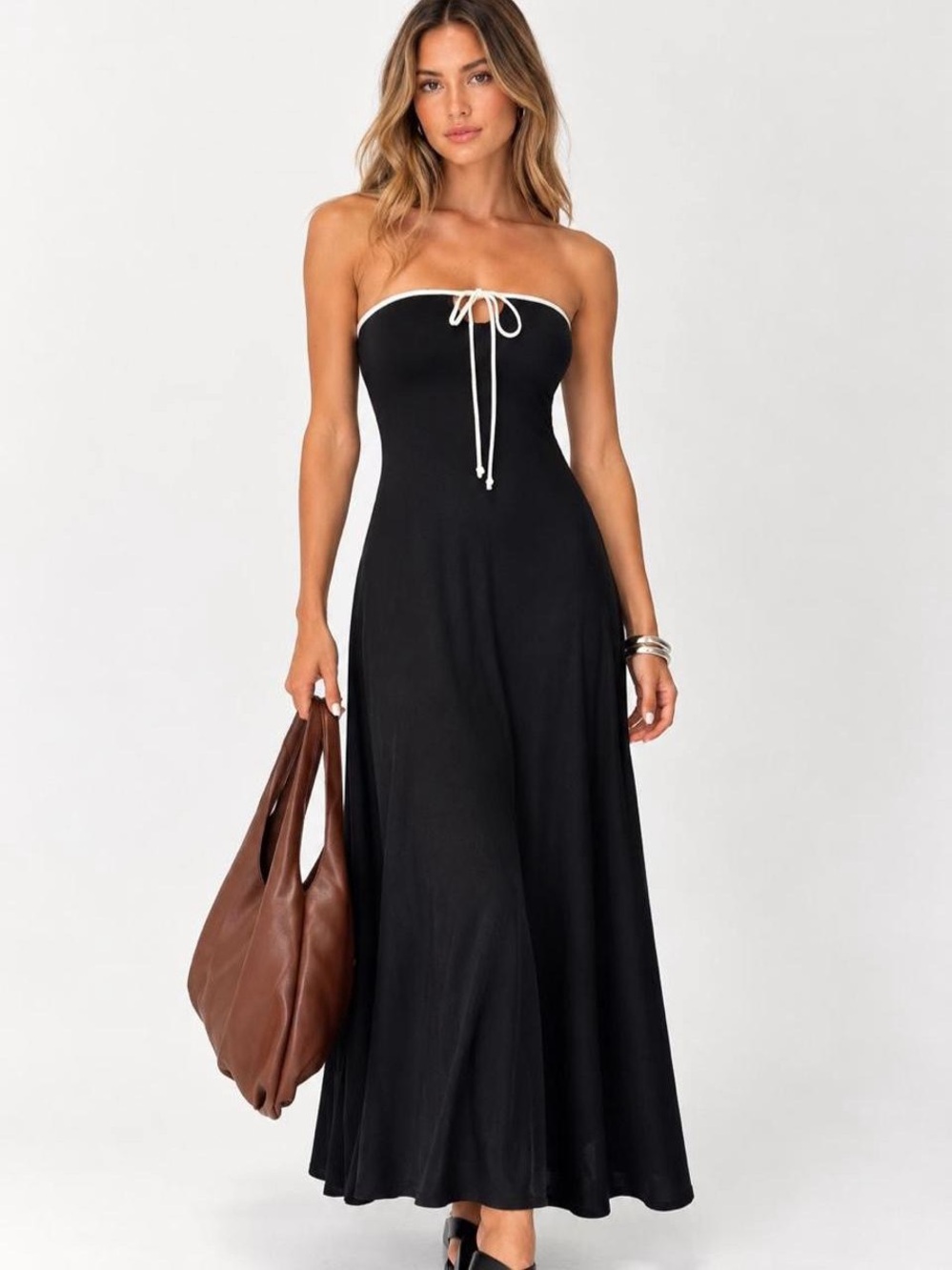 Princess Polly Black Strapless Maxi Dress with White Tie
